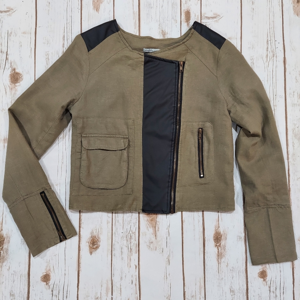 Charlotte Russe Olive And Black Faux Leather Moto Jacket Women's S - Picture 3 of 16